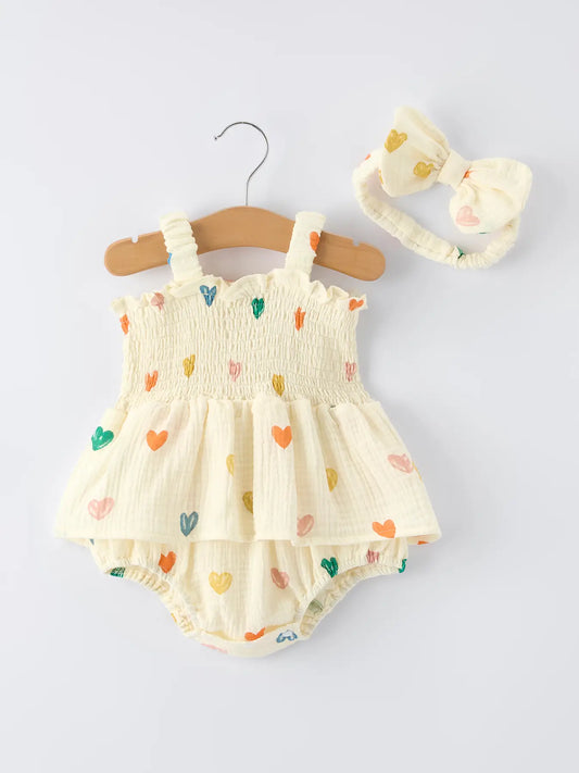 Light Yellow Heart Print Baby Girl Romper + Headband Set