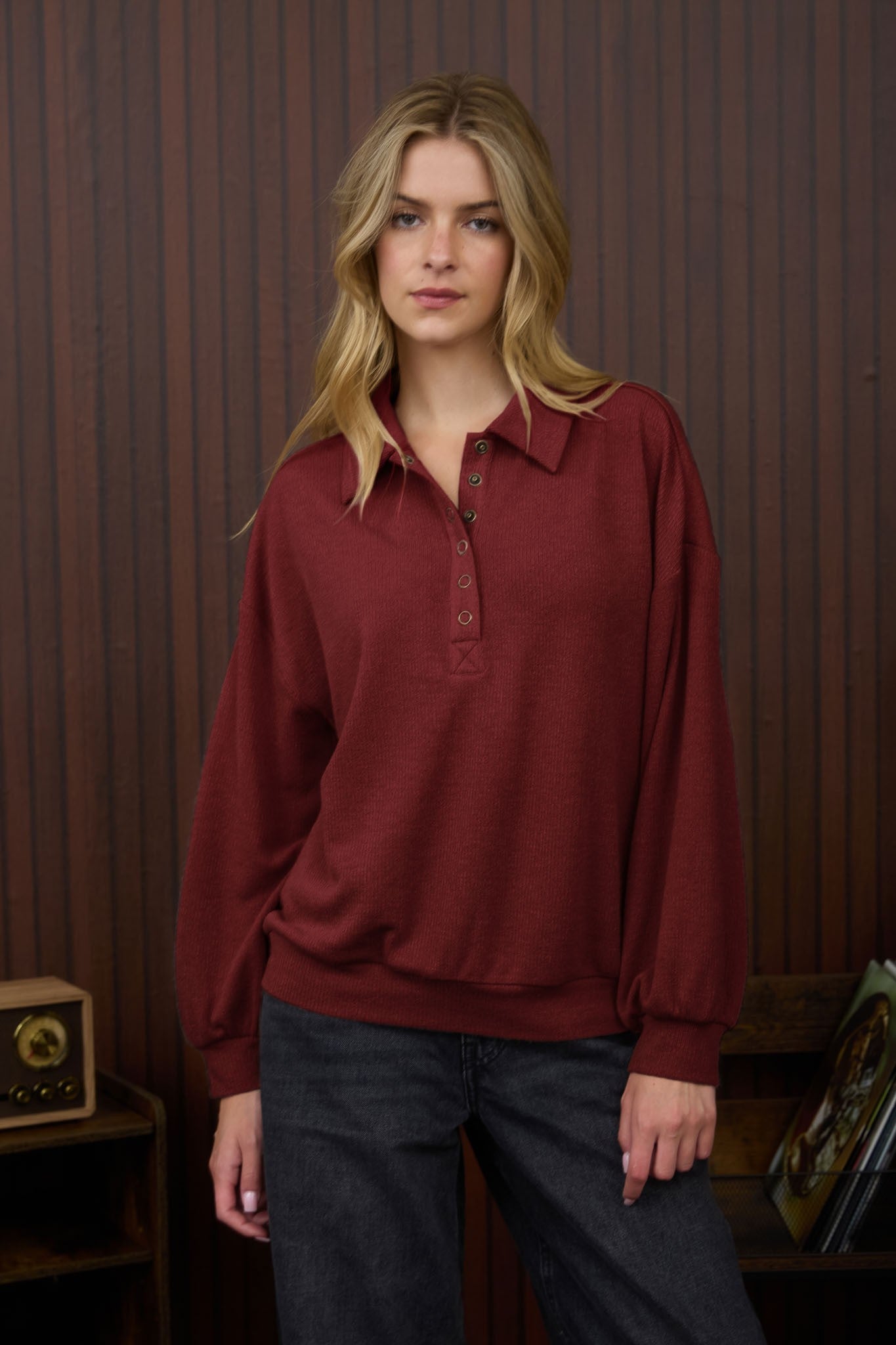 Jenna Collared Half Snap Top | Red