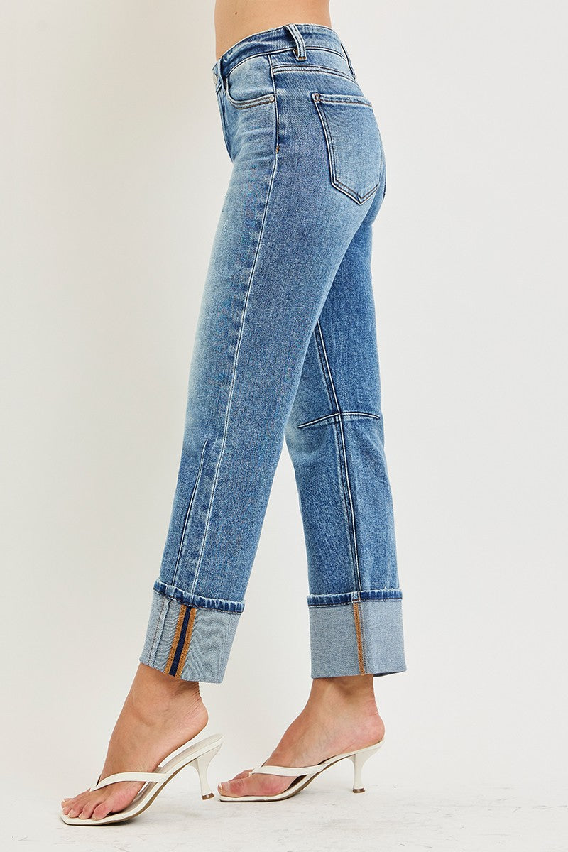 Risen High Rise Straight Cuffed Hem Jeans | Medium