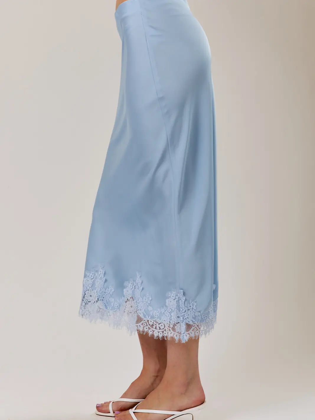 Lilly Satin Lace Hem Midi Skirt | Blue