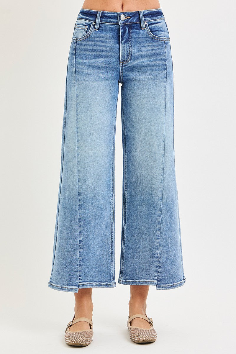 Risen Mid Rise Crop Wide Jeans With Front Step Hem Details | Medium