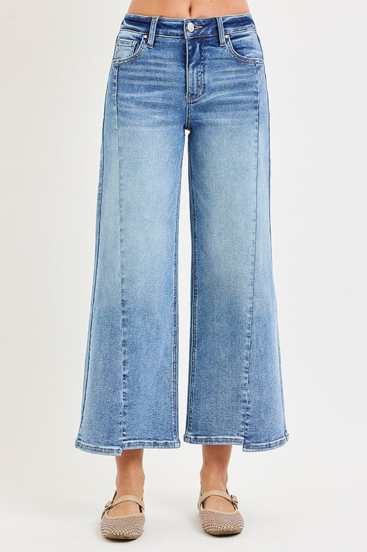 Risen Mid Rise Crop Wide Jeans With Front Step Hem Details | Medium
