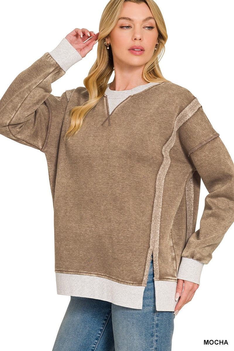 Eva Acid Wash Contrast Trim Pullover | Mocha
