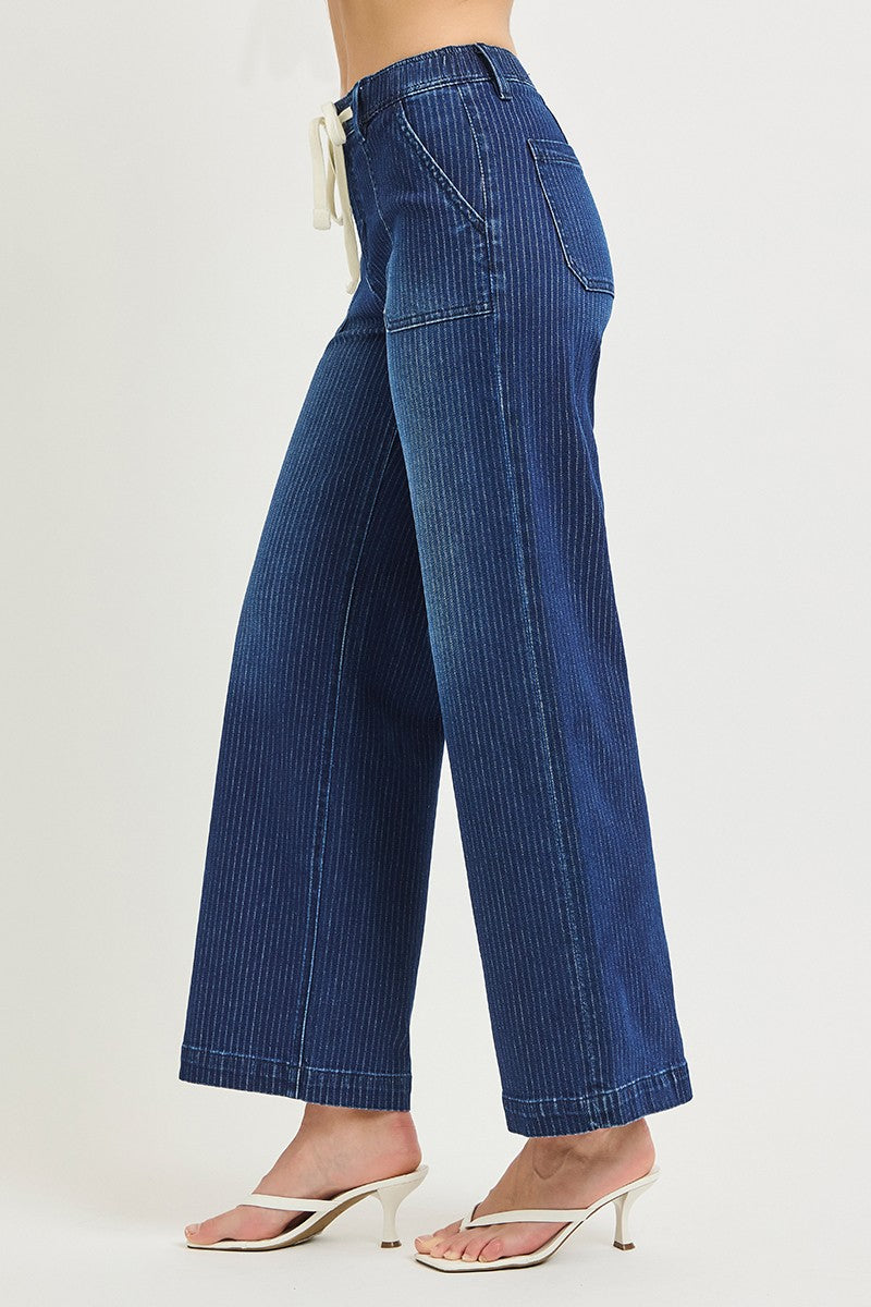Risen Pinstripe Elastic Drawstring Waist Jeans | Dark
