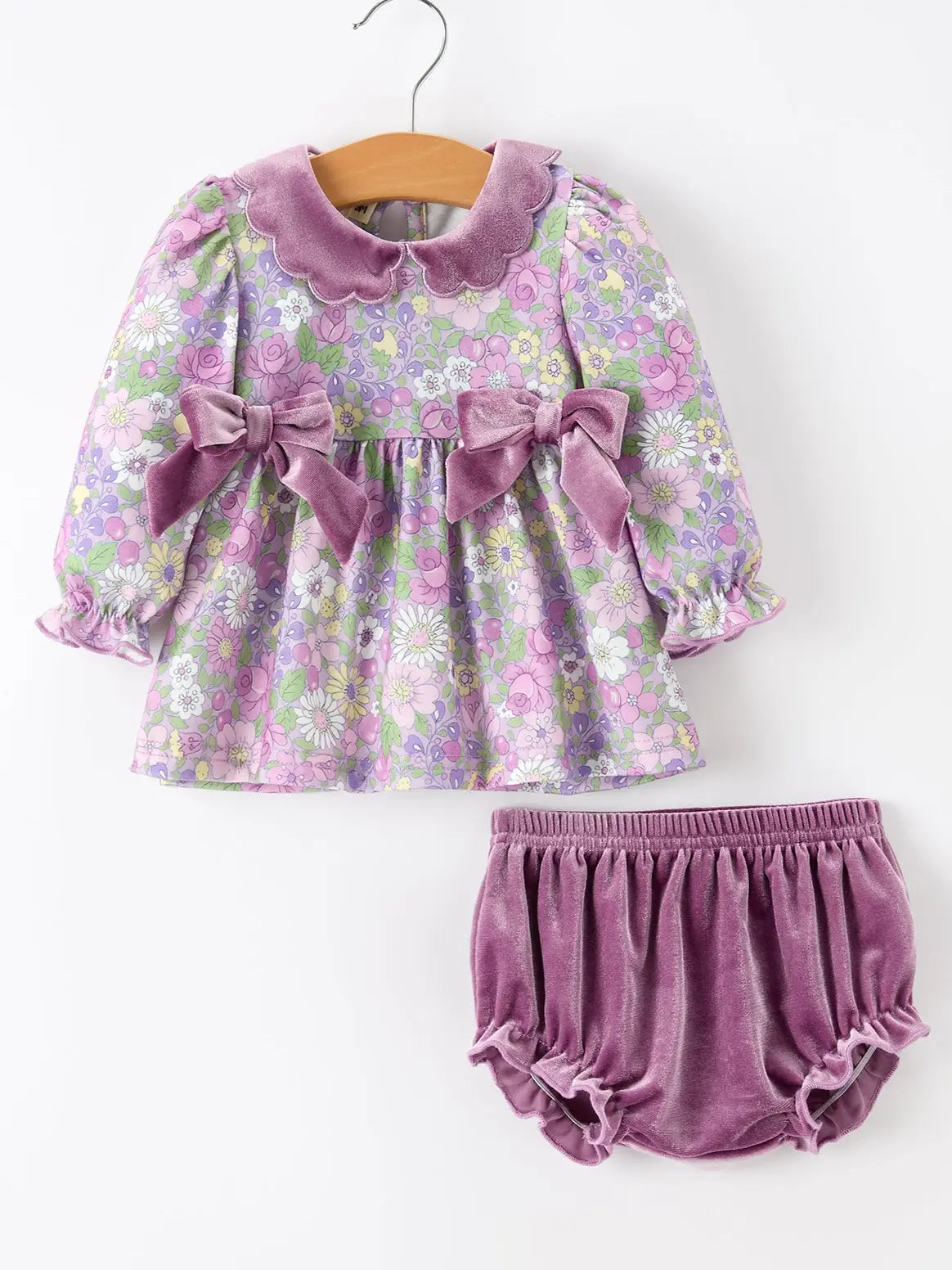 Purple Floral Velvet Baby Girl Outfit