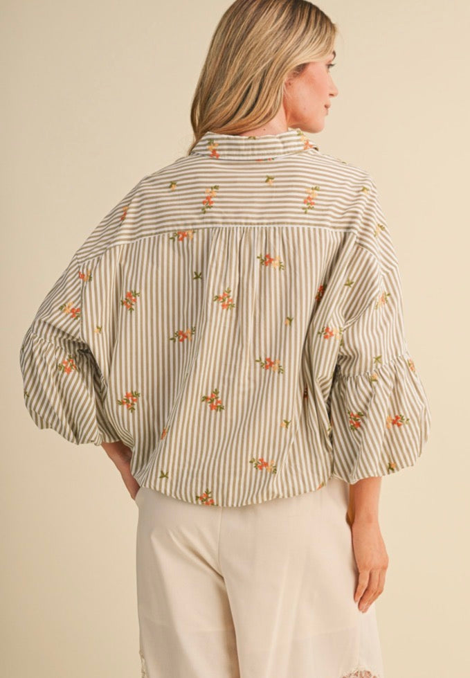 Lennon Striped Floral Embroidery Button Down