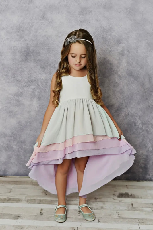 Kids Hi-Lo Frills Pastel Ombre Tiered Dress
