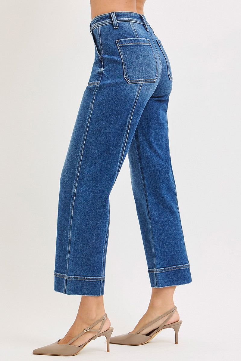 Risen High Rise Crop Straight Front Seam Detailed Jeans | Dark