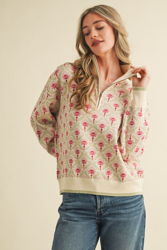 Courtney Floral Half Zip | Oat Sage