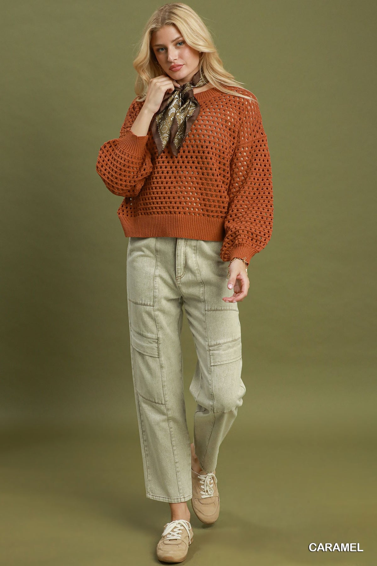 Gabby Open Knit Crochet Pullover Sweater  | Caramel