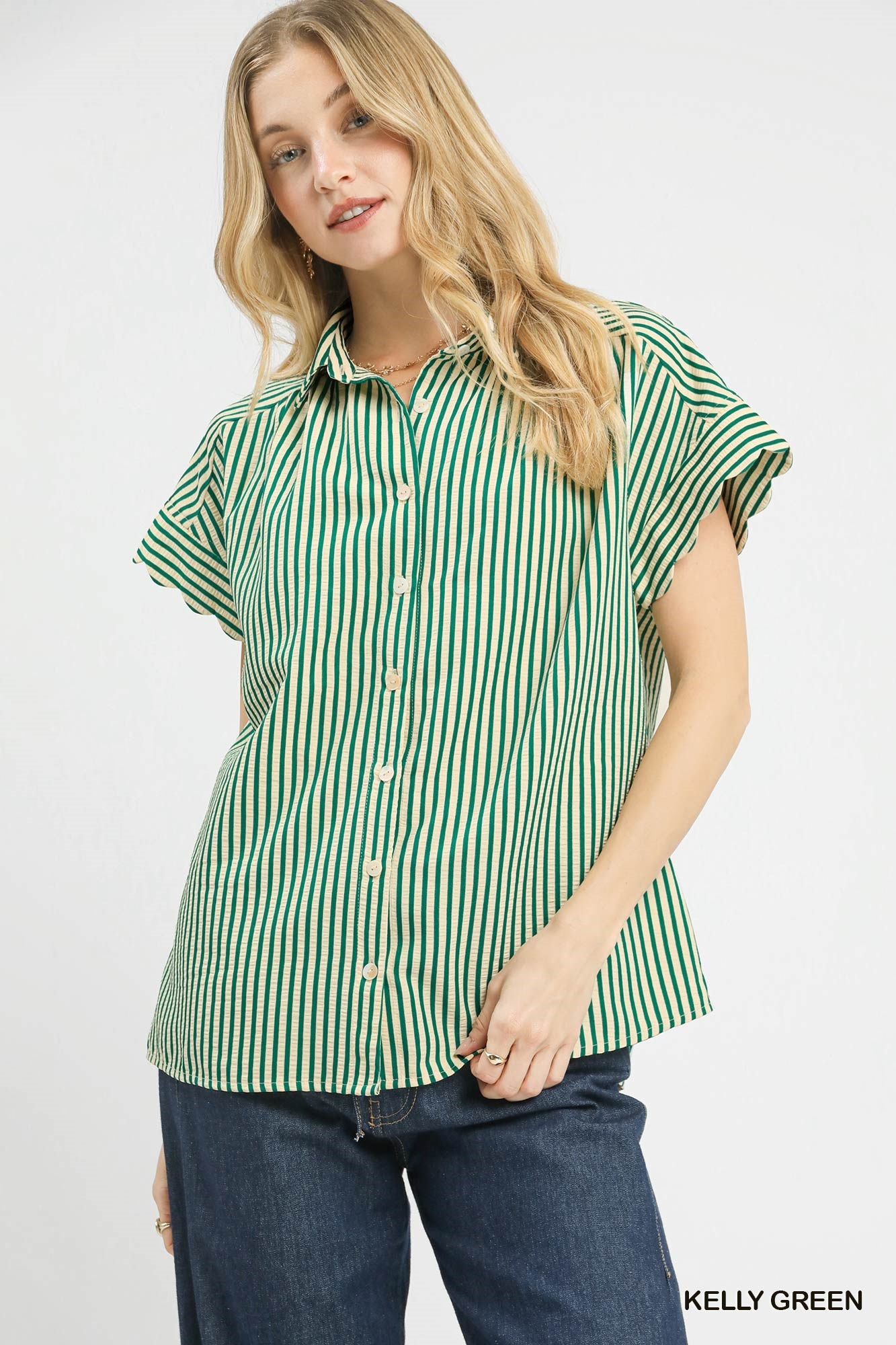 Scarlett Stripe Button Down W/ Scallop Sleeves