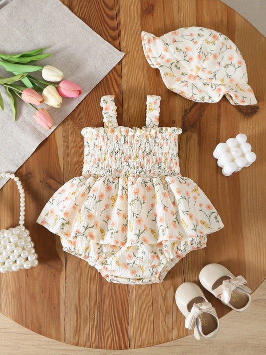 Ditsy Floral Smocked Baby Girl Romper & Hat Set