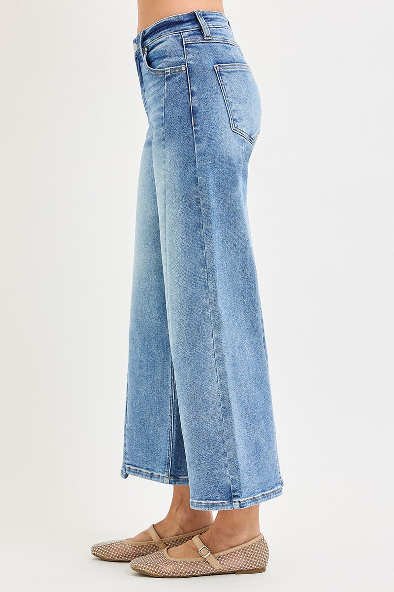Risen Mid Rise Crop Wide Jeans With Front Step Hem Details | Medium