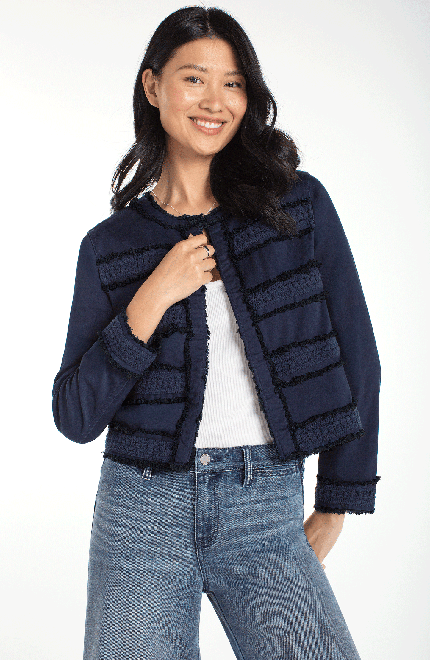 Liverpool Collarless Jacket W/ Fray + Lace | Navy