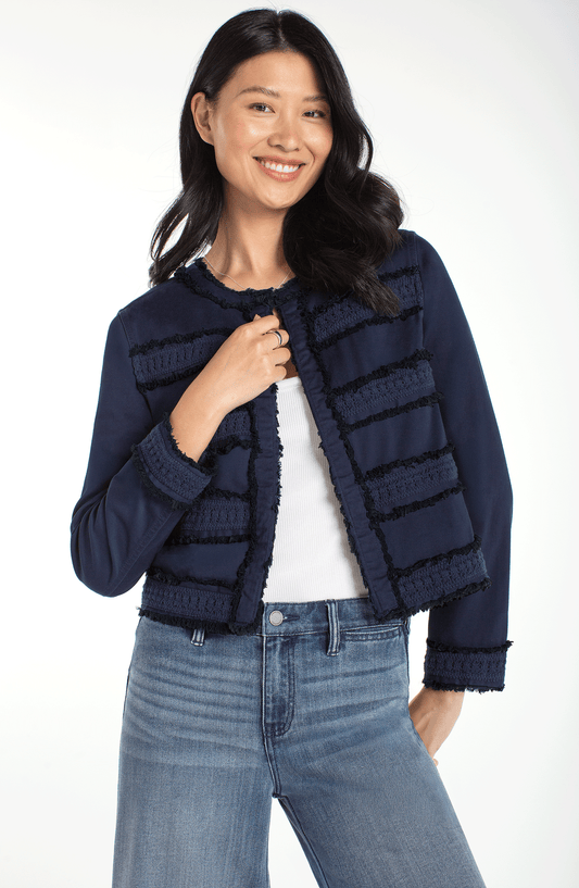 Liverpool Collarless Jacket W/ Fray + Lace | Navy