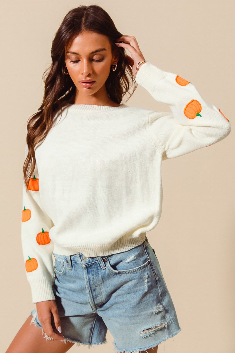 Pumpkin Appliqué Sleeve Sweater | Ivory