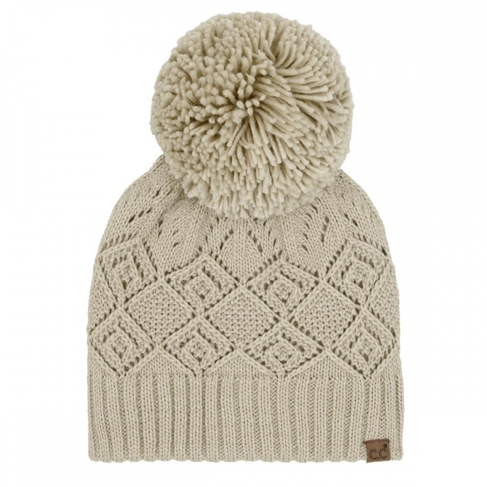 C.C Diamond Lace Pattern Yarn Pom Beanie | Beige