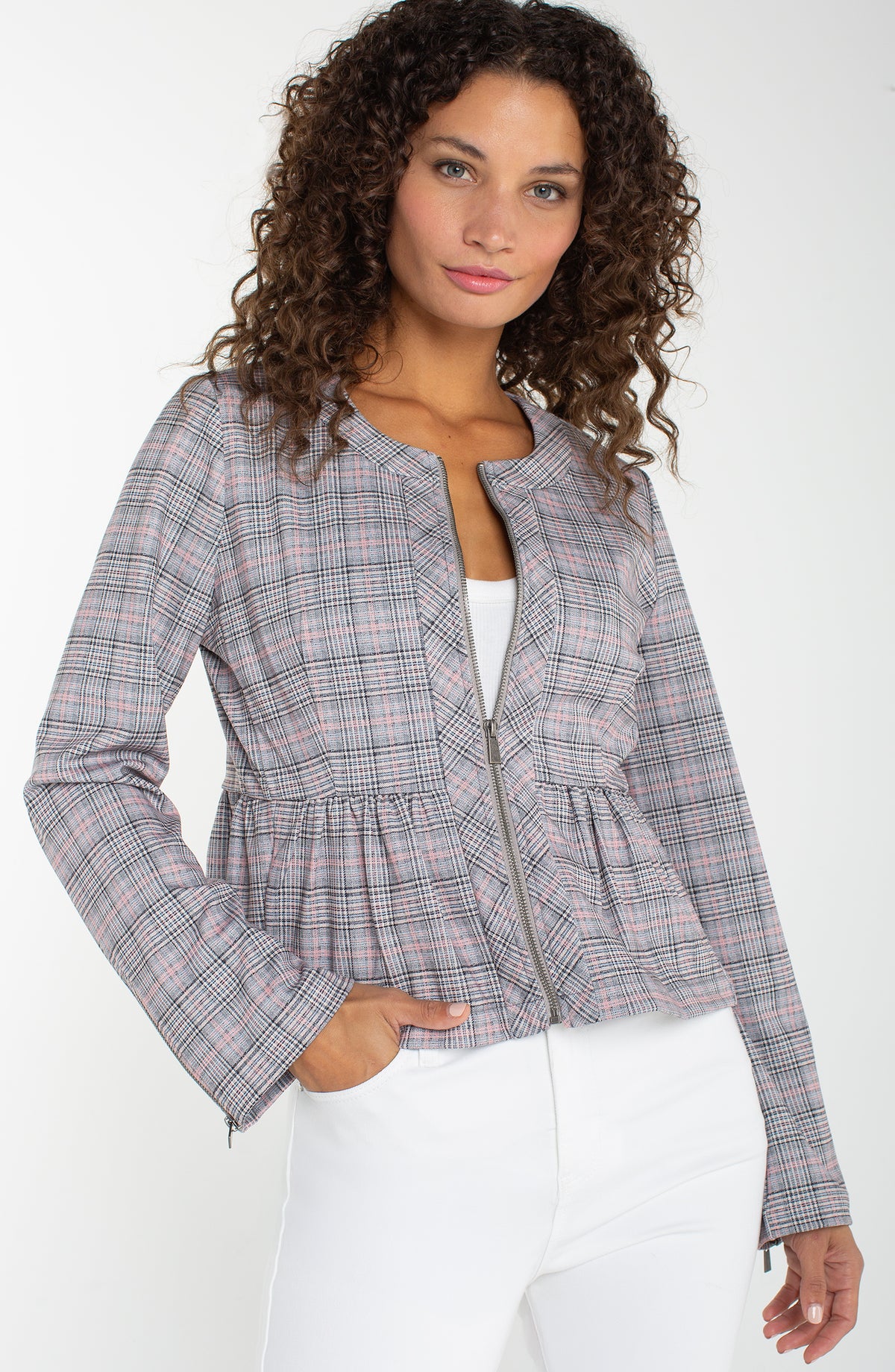 Liverpool Zip Front Peplum Jacket | Grey + Blush Plaid