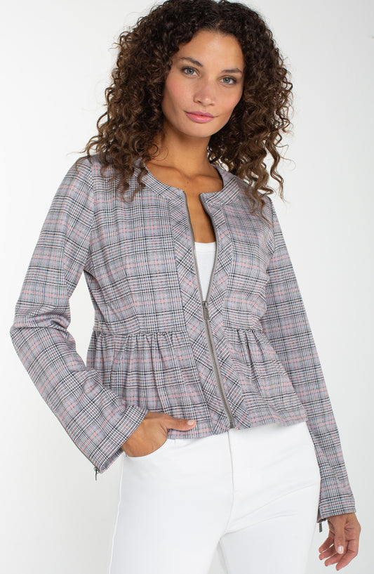 Liverpool Zip Front Peplum Jacket | Grey + Blush Plaid