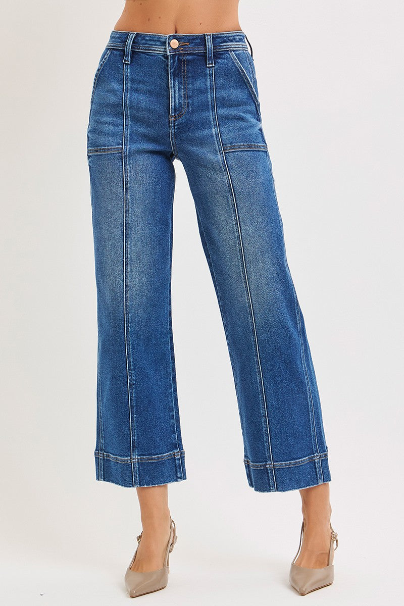 Risen High Rise Crop Straight Front Seam Detailed Jeans | Dark