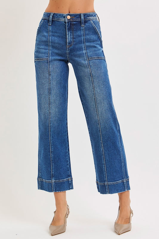 Risen High Rise Crop Straight Front Seam Detailed Jeans | Dark