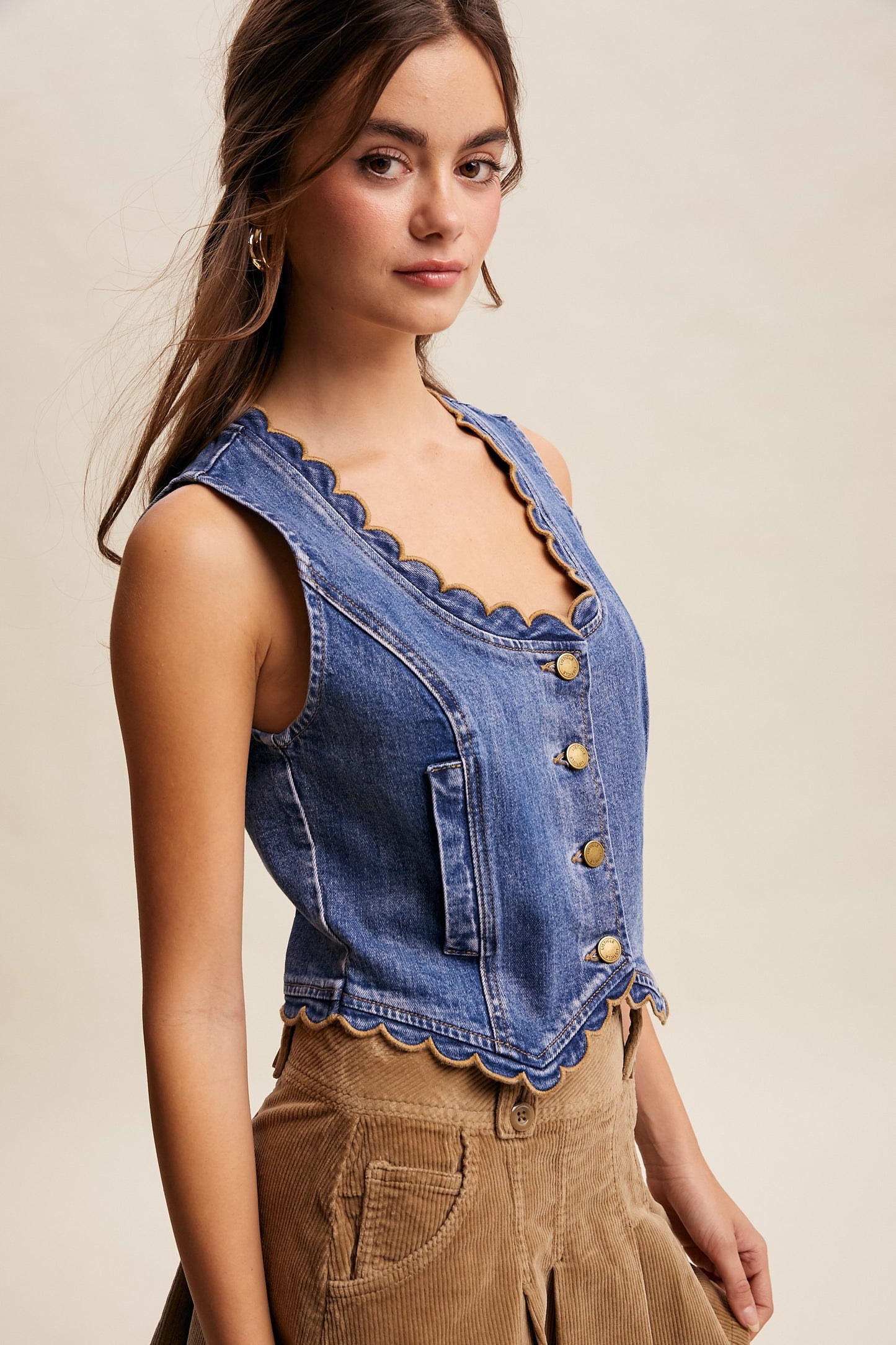 Kelsey Scallop Trim Denim Vest