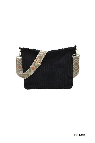 Corduroy Tote Bag With Guitar Shoulder Strap | Black