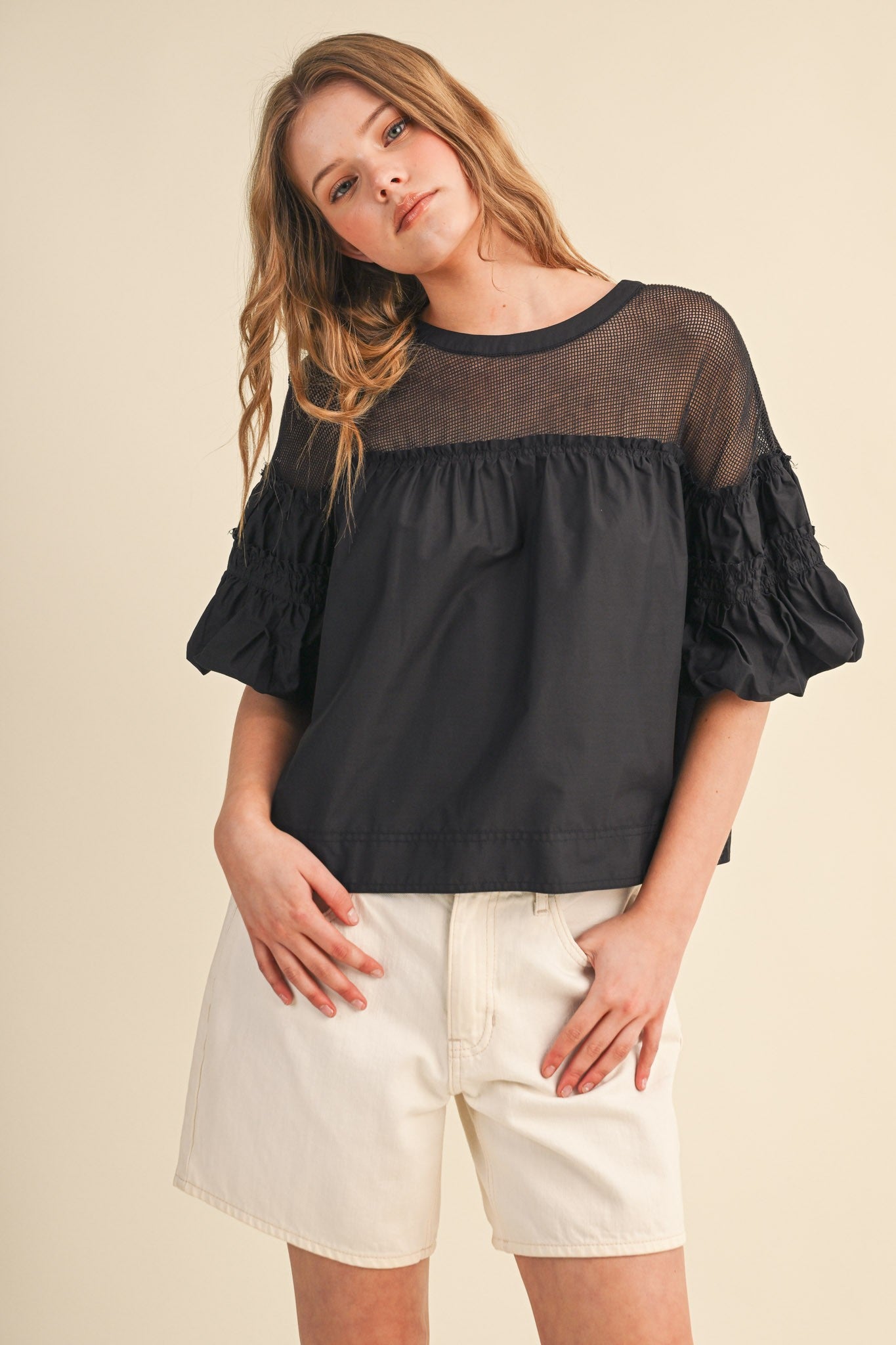 Rowan Sheer Mesh Yoke Bubble Sleeve Top