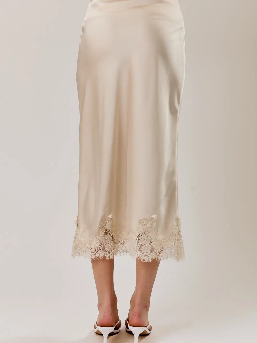 Lilly Satin Lace Hem Midi Skirt | Taupe
