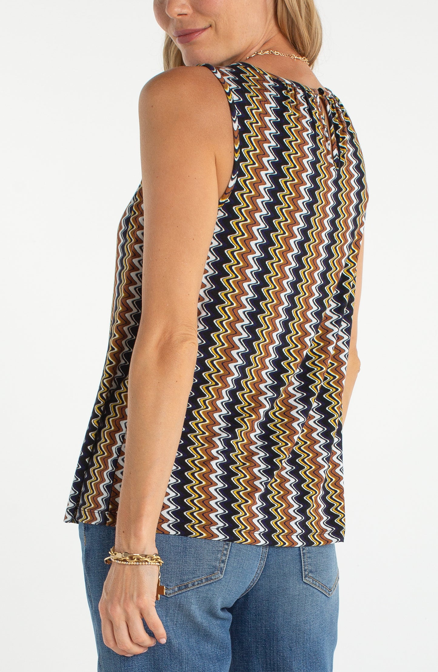 Liverpool Sleeveless Pattern Top | Black, Gold + Navy