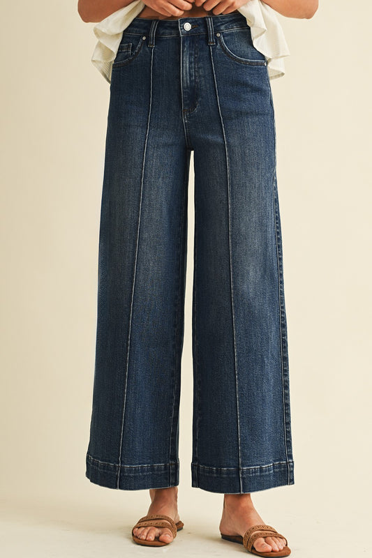 High Rise Pin Tuck Detail Wide Leg Jean | Dark Wash