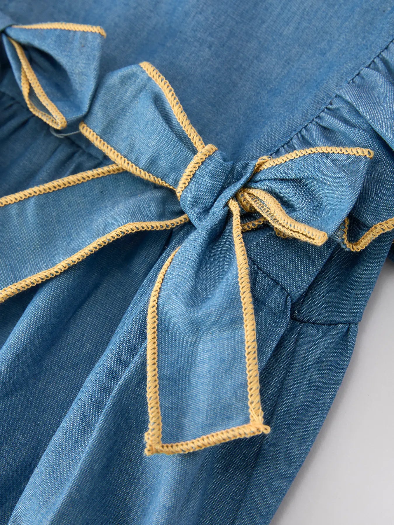 Denim Bow Ruffle Strap Girls Dress