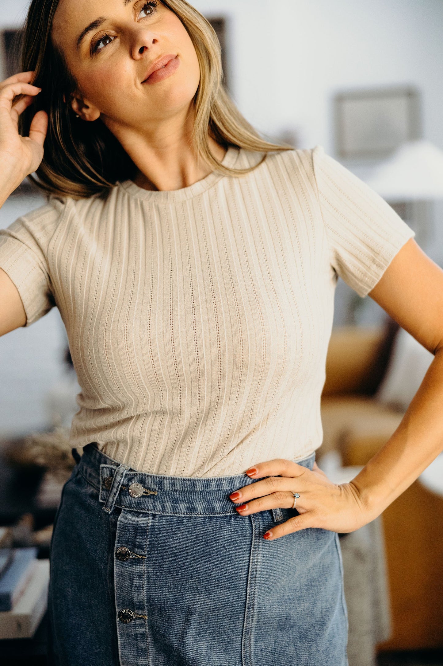 Pointelle Short Sleeve Top | Oatmeal