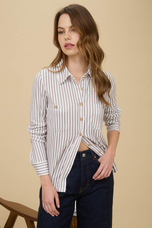 Trinity Striped Collared Top | Mocha