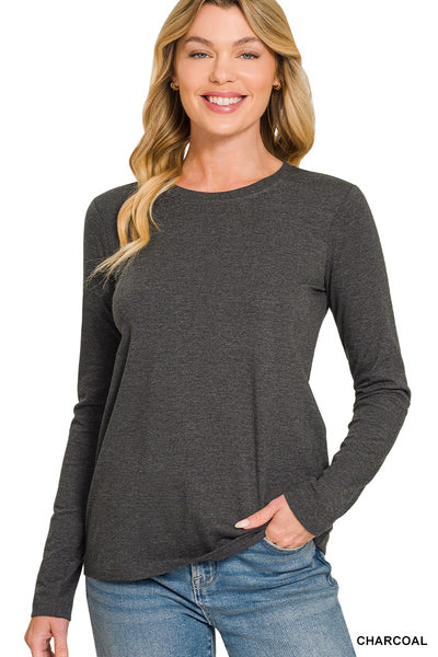 Cotton Crew Neck Long Sleeve Tee | Charcoal