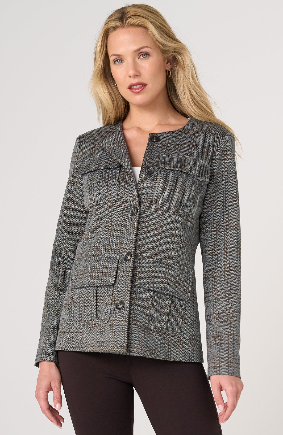 Liverpool Collarless Field Jacket | Black Multi Herringbone
