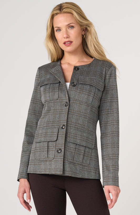 Liverpool Collarless Field Jacket | Black Multi Herringbone