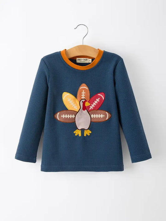 Thanksgiving Turkey Applique Waffle Long Sleeve Top