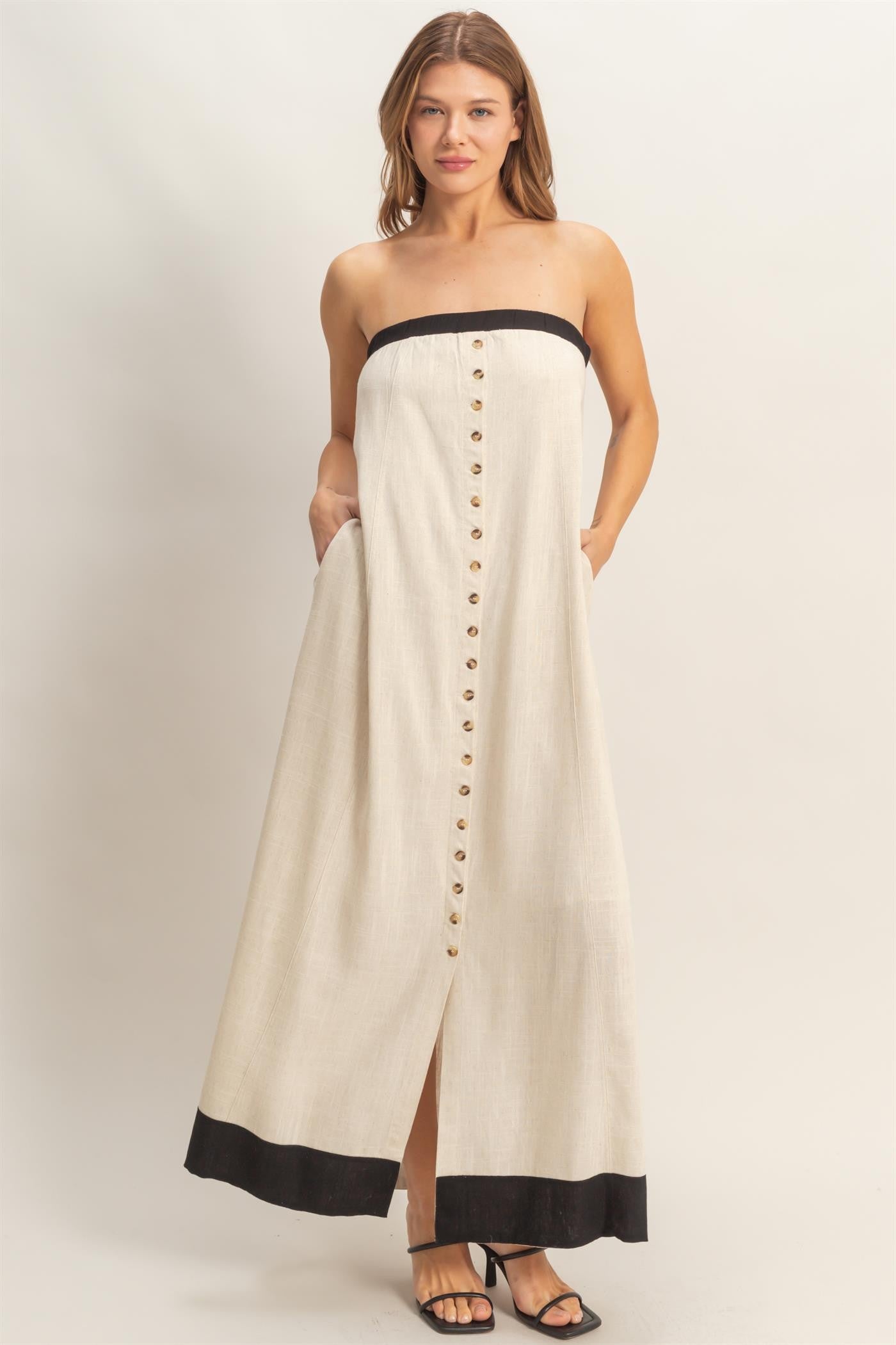 Abigail Strapless Button-Front Maxi Dress | Oatmeal