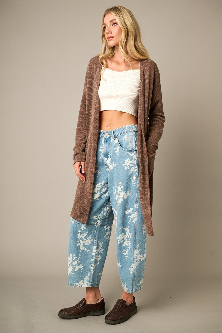 Amanda Waffle Open Front Long Cardigan | Brown
