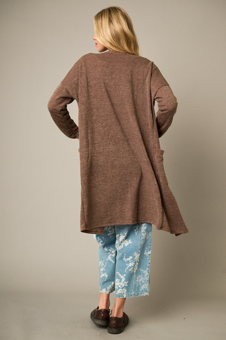 Amanda Waffle Open Front Long Cardigan | Brown