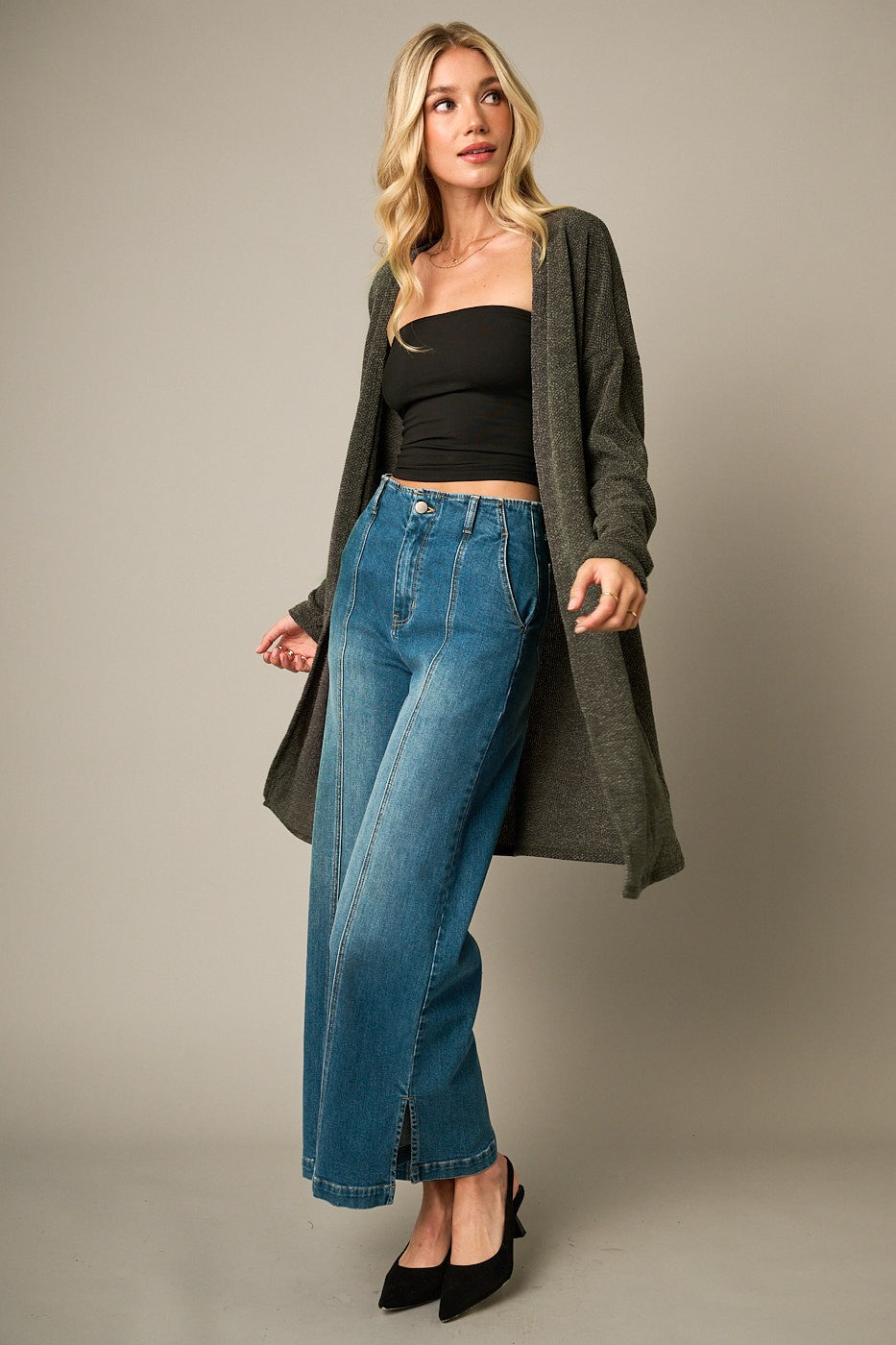 Amanda Waffle Open Front Long Cardigan | Olive