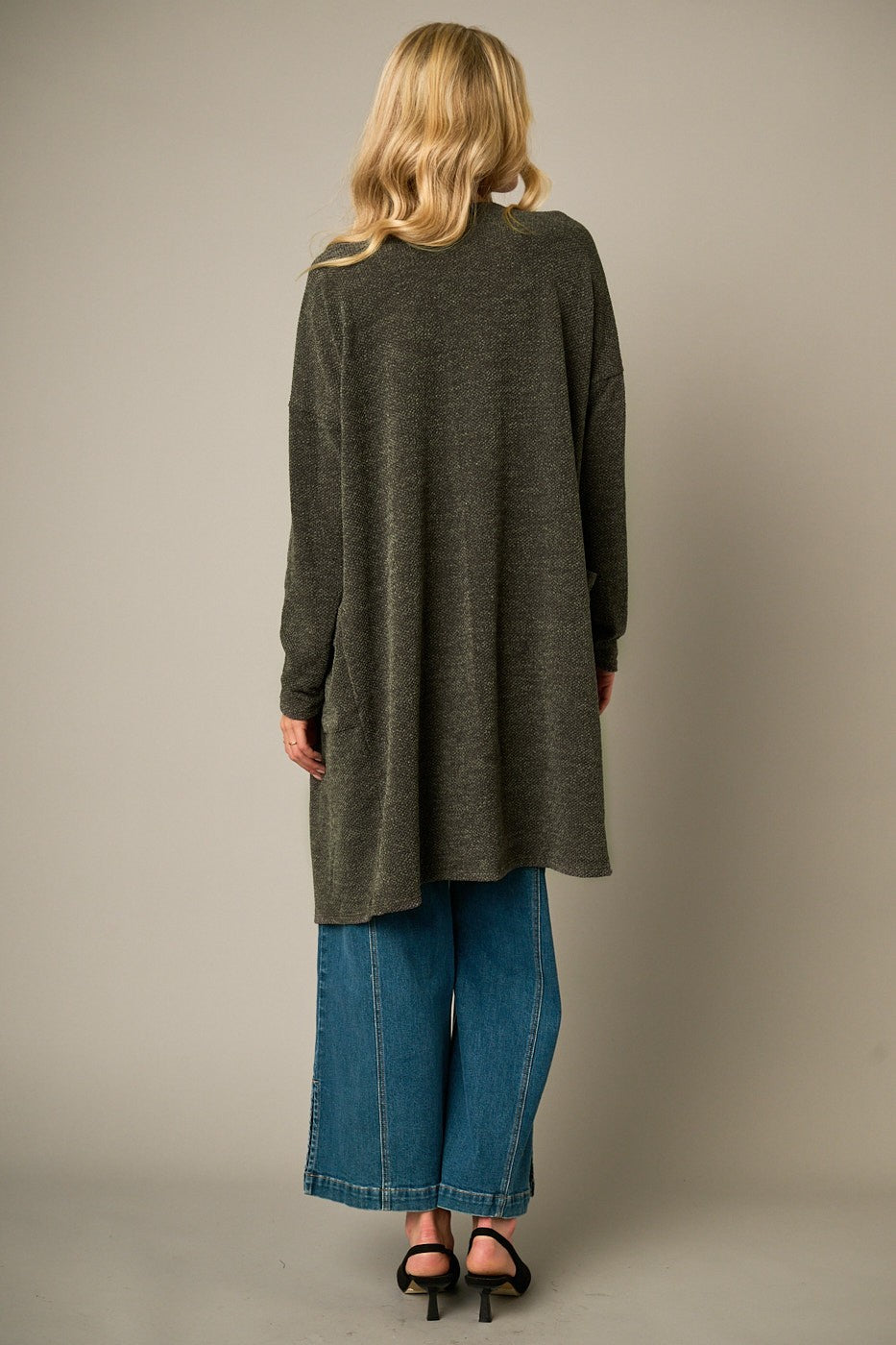 Amanda Waffle Open Front Long Cardigan | Olive
