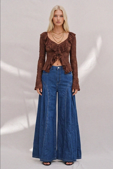 Boho Pleated Wide-Leg Denim Palazzo Pants