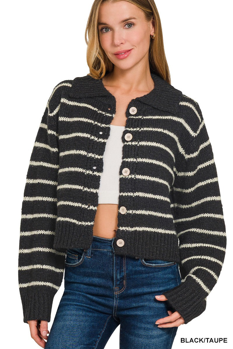 Brielle Striped Collared Cardigan | Black