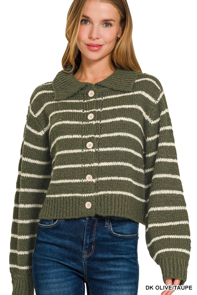Brielle Striped Collared Cardigan | Olive
