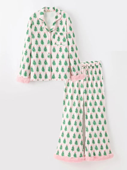 Christmas Tree Print Pajama Set with Fur Trim