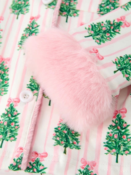 Christmas Tree Print Pajama Set with Fur Trim