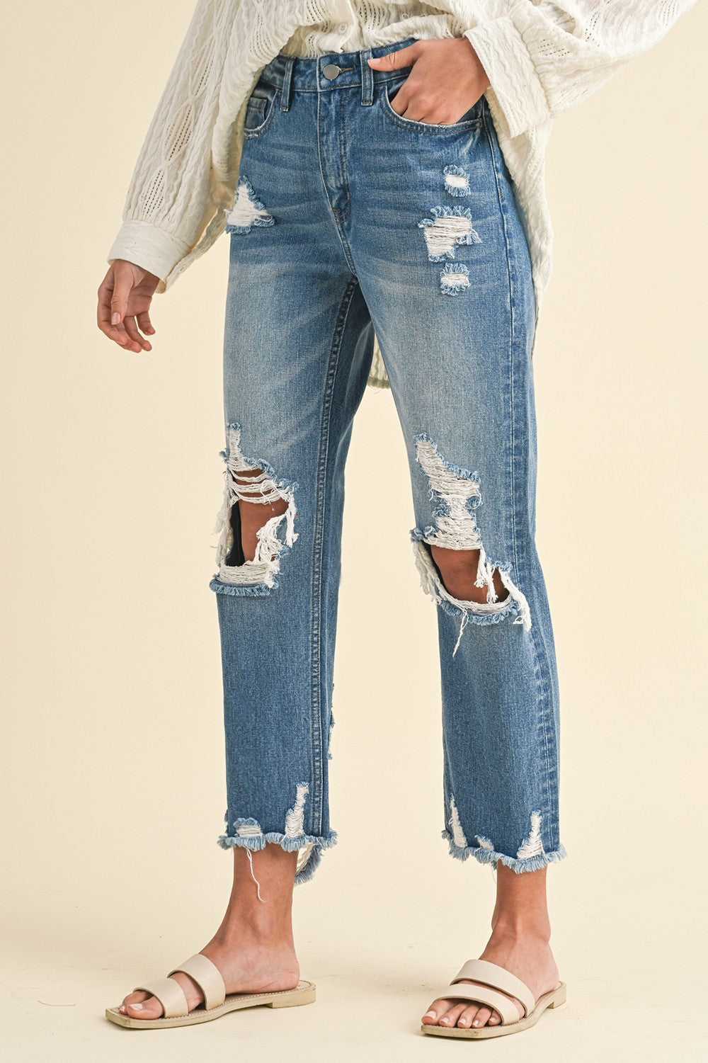 High Rise Distressed Crop Straight Rigid Jeans
