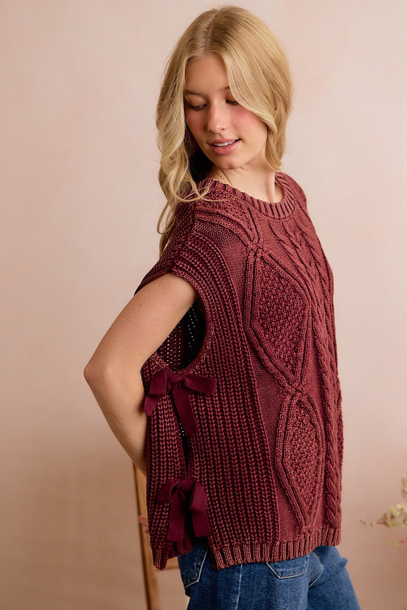 Emily Washed Cable Knit Vest With Side Ribbon Tie